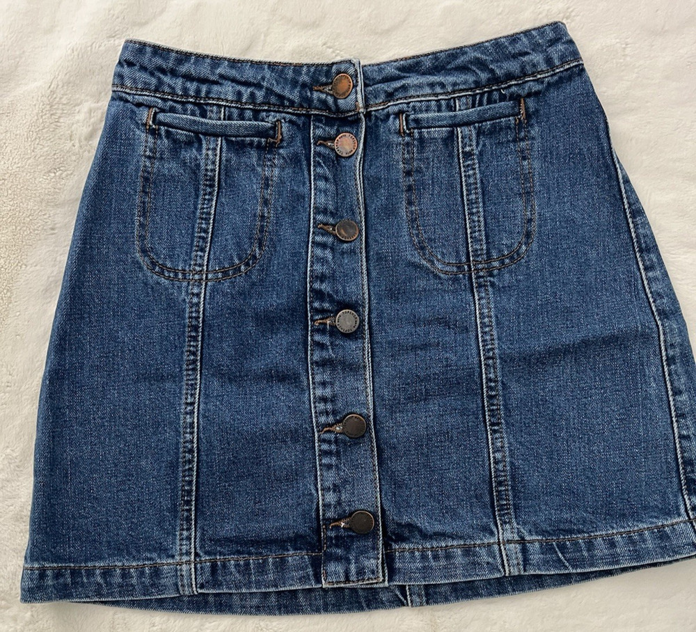 Topshop Moto Denim Mini Skirt Blue Button Front High Rise Womens W26 Retro